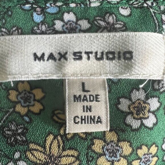 Max Studio Green Floral Crepe Tie Front Floral V-Neck Blouse Size L Classic 90s - Picture 6 of 7